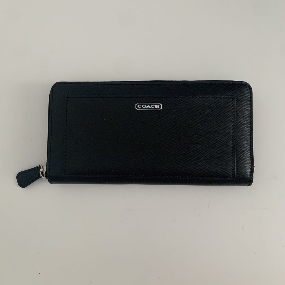 COACH Black Accordion Zip Around Wallet Darcy Saffiano Leather Excellent Cond.